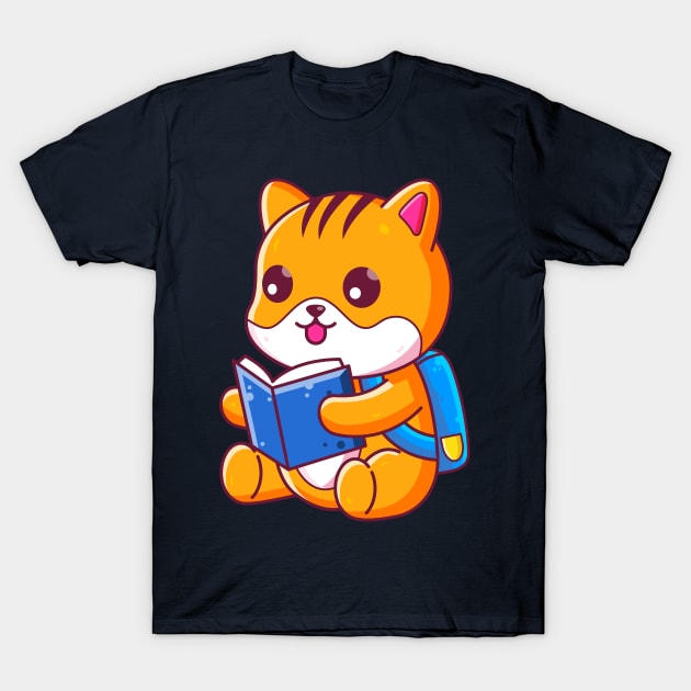 Cute school cat reading book T-Shirt by Ardhsells